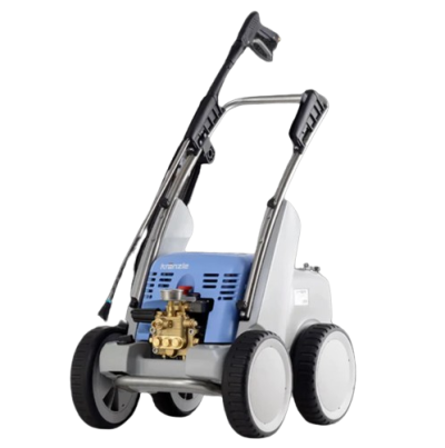 Máquina de lavar de alta pressão azul e cinzenta com rodas grandes