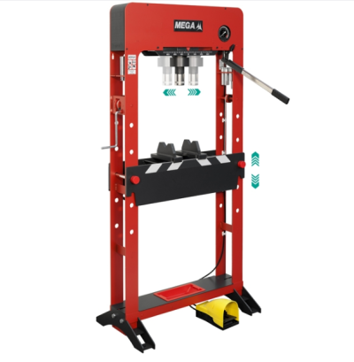 Prensa hidráulica vermelha e preta com alavanca e pedal amarelo