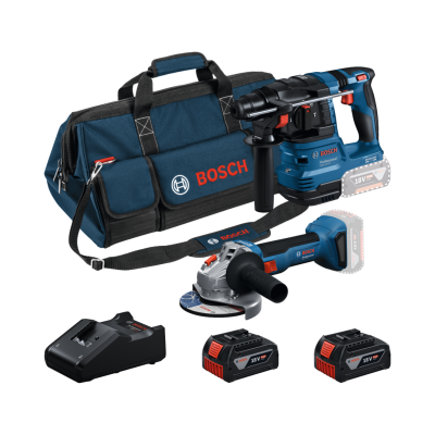 Kit de ferramentas Bosch Professional com mala azul, martelete, rebarbadora, dois acumuladores e carregador