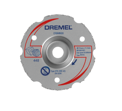 Disco de corte Dremel DSM600 cinzento com texto e detalhes vermelhos e azuis