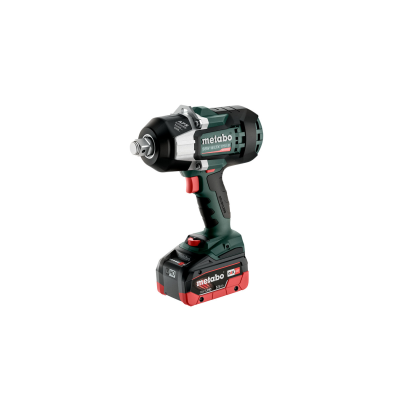 Chave de impacto Metabo a bateria preta e verde com bateria vermelha