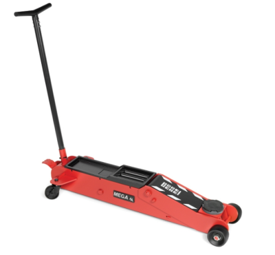 Macaco hidráulico portátil vermelho com punho e rodas pretas