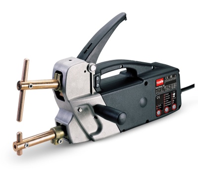 Máquina elétrica de soldadura ponto cinzenta e preta com matriz metálica e alavancas