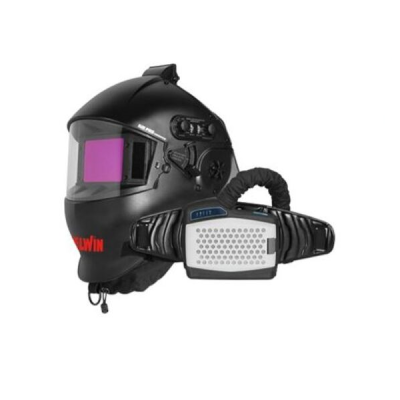 Capacete de soldadura preto com viseira roxa e painel de controle
