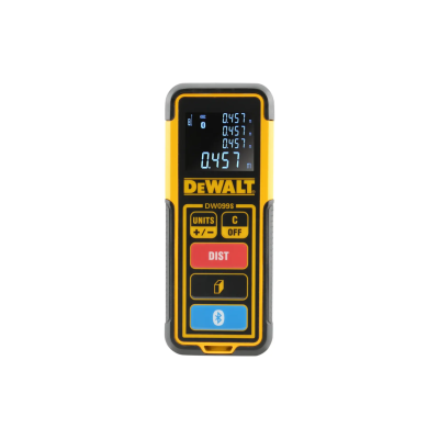 Medidor de distância a laser DEWALT DW099S amarelo e preto com ecrã digital e botões visíveis