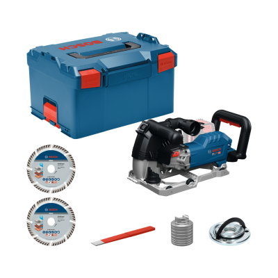 Conjunto de ferramentas Bosch com caixa azul, serra elétrica, lâminas de corte e acessórios