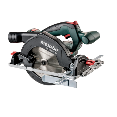 Serra circular Metabo HS 18 LTX 57 com lâmina metálica e punho verde preto e vermelho