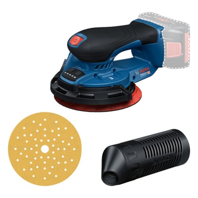 Lixadora elétrica azul e preta Bosch com disco de lixa amarelo e acessório preto