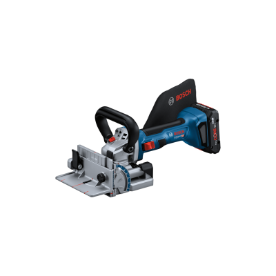 Ferramenta elétrica portátil Bosch azul, preta e vermelha com bateria e base metálica ajustável