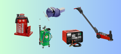 Diversas ferramentas de oficina sobre fundo azul claro