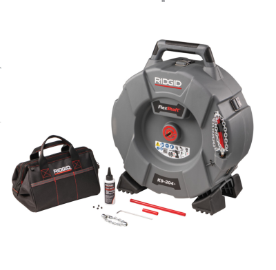 Conjunto de ferramenta RIDGID FlexShaft K9-204 com mala rígida cinza e bolsa preta com detalhes vermelhos