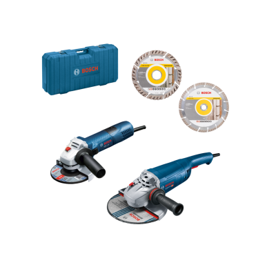 Conjunto de esmerilhadoras elétricas Bosch com discos abrasivos e maleta azul