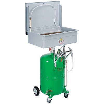 Equipamento móvel metálico verde com cuba cinza claro e rodas.