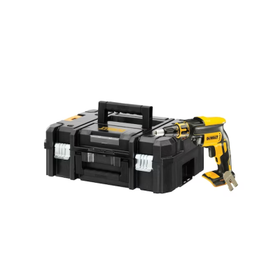 Caixa de ferramentas preta com pistola de ar quente preta e amarela da DEWALT