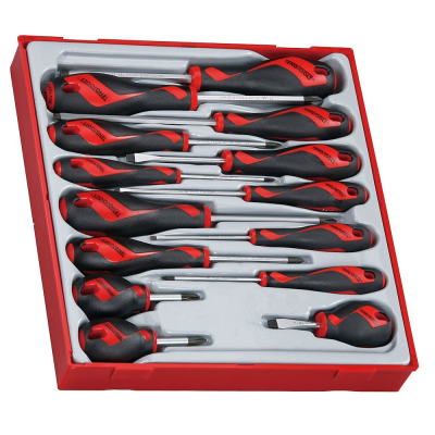 Conjunto de chaves de fendas e Phillips com cabos preto e vermelho numa caixa vermelha