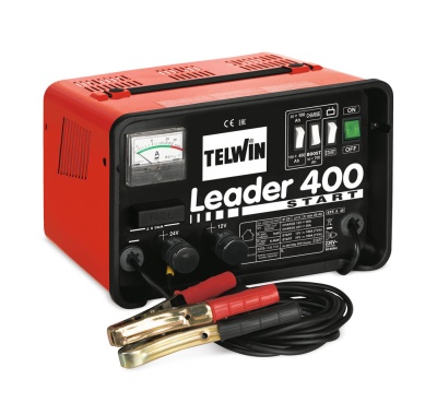 Carregador de bateria TELWIN Leader 400 START vermelho e preto com cabos e garras metálicas