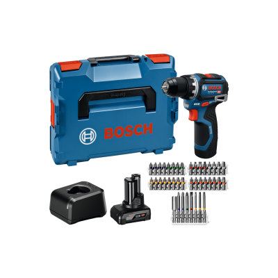 Furadeira/parafusadora sem fios BOSCH Professional azul com bateria, base de carregamento e bits para parafusos com estojo azul BOSCH