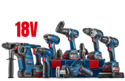 Conjunto de ferramentas elétricas Bosch azul e preto com ligações de bateria de 18V