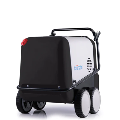 gerador elétrico portátil preto e branco com quatro rodas e botão vermelho