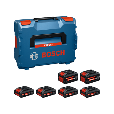 Estojo rígido azul e preto BOSCH EXPERT com seis baterias recarregáveis EXPERT 18V.