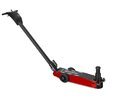 Macaco hidráulico vermelho e preto com alavanca longa e rodas pequenas