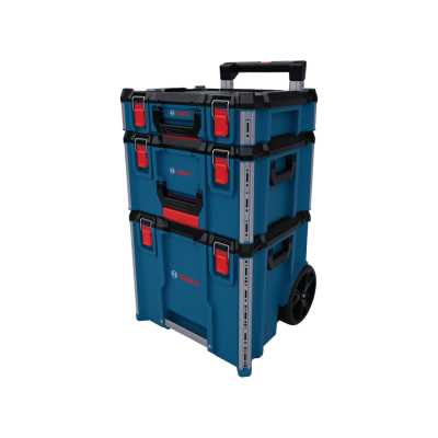Conjunto de caixas de ferramentas azuis Bosch empilhadas com rodas e alça