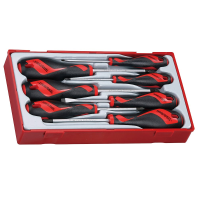 Conjunto de chaves de fendas e philips com pegas pretas e vermelhas numa caixa vermelha
