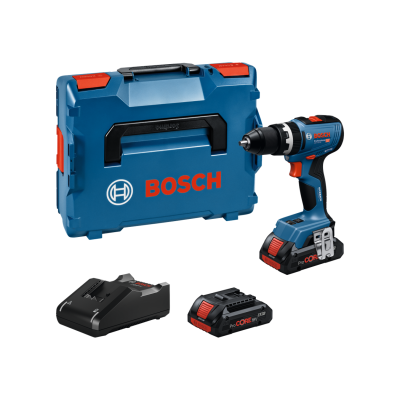 Conjunto broca elétrica Bosch com maleta azul, broca a bateria e acessórios.