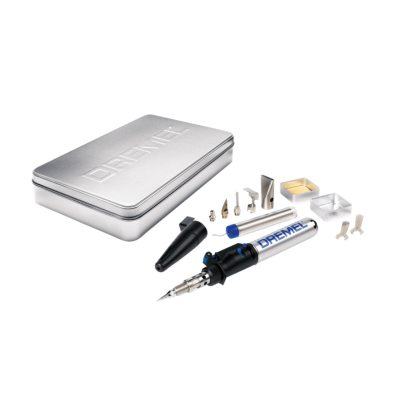 Conjunto de ferro de soldar DREMEL com acessórios e caixa metálica prateada