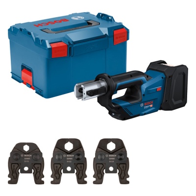 Conjunto Bosch com caixa azul, ferramenta elétrica preta e azul, e três acessórios metálicos