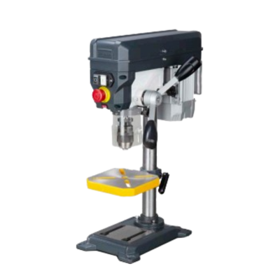 Máquina perfuradora de bancada cinza e amarelo com base robusta.