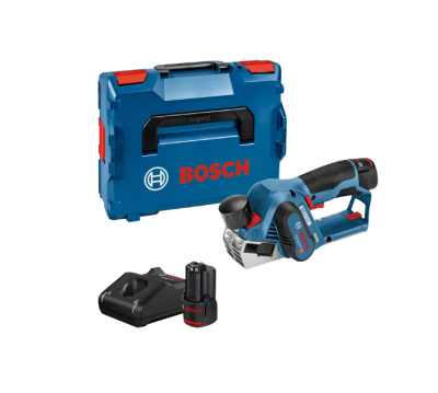 Conjunto de ferramenta Bosch com caixa azul, ferramenta elétrica, duas baterias e carregador