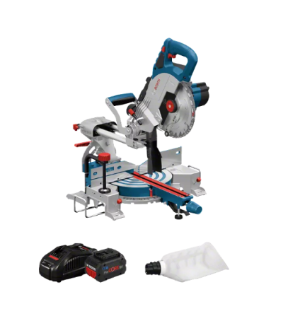 Serra de esquadria Bosch cinza com bateria, carregador e recipiente branco.