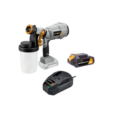 Pulverizador elétrico cinza e preto com frasco branco, bateria e carregador preto BATAVIA MAXXPACK