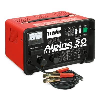 Carregador de bateria automóvel TELWIN Alpine 50 BOOST vermelho e preto com amperímetro e cabos