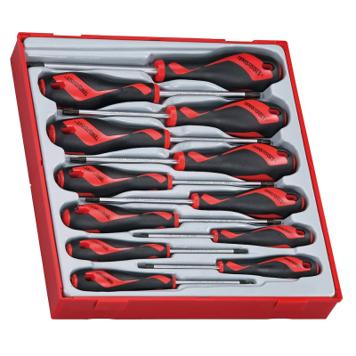 Conjunto de 10 chaves de fendas e Phillips com cabos ergonómicos preto e vermelho numa caixa vermelha