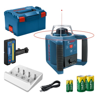 Conjunto de equipamento Bosch com caixa de transporte, dispositivo principal, indicador digital, carregador, cabo e pilhas