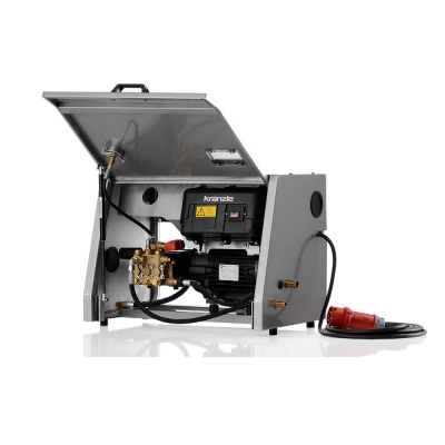 Lavadora de alta pressão cinzenta com motor e cabos visíveis