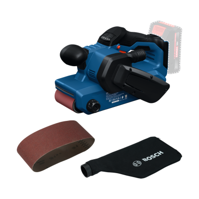 Lixadora de cinta Bosch azul e preta com cinta abrasiva vermelha e saco coletor preto BOSCH