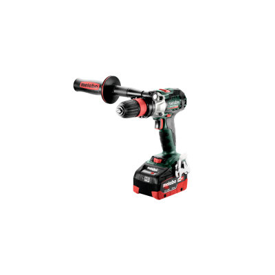 Berbequim aparafusador Metabo verde, preto e vermelho com punho lateral e bateria