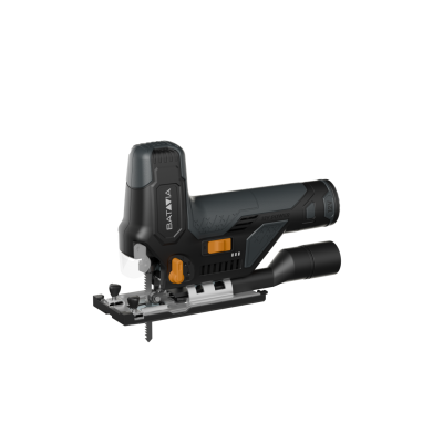 Serra tico-tico preta e cinza com detalhes laranja e texto BATAVIA e 12V