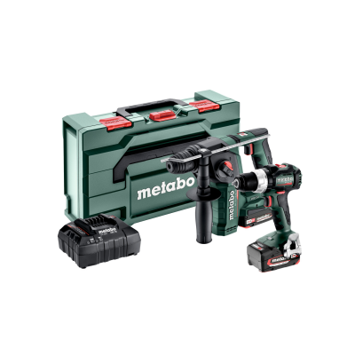 Conjunto de ferramentas verde e preto Metabo com caixa, furadeira, bateria e carregador