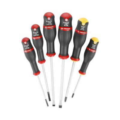 Conjunto de seis chaves de fendas com cabo preto, detalhes vermelhos e amarelos