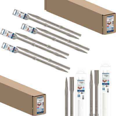 Brocas de aço cinza com ranhuras helicoidais e embalagens BOSCH com etiquetas azuis perto de caixas de cartão castanho