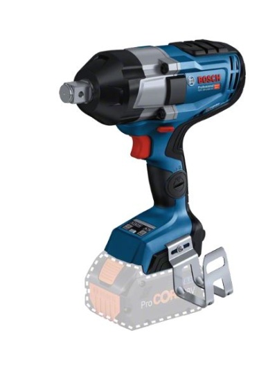 Ferramenta elétrica Bosch sem fio azul e preta com detalhes vermelhos e suporte metálico para cinto
