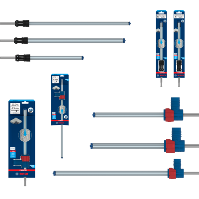 Extensores para varão de pintura Bosch em metal prateado com detalhes azuis e vermelhos em embalagem azul