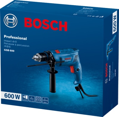 Caixa azul de broca de impacto Bosch Professional GSB 600 com texto e imagens do produto