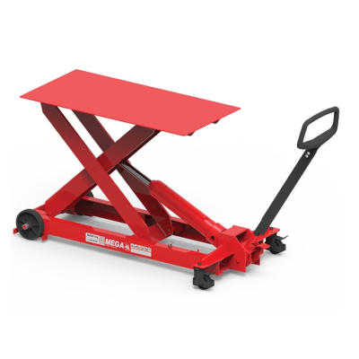 Mesa elevatória hidráulica vermelha com alavanca preta e rodas