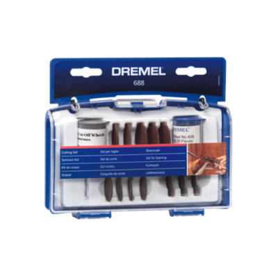 Conjunto de ferramentas Dremel 688 com rodas de corte e frasco em caixa azul transparente