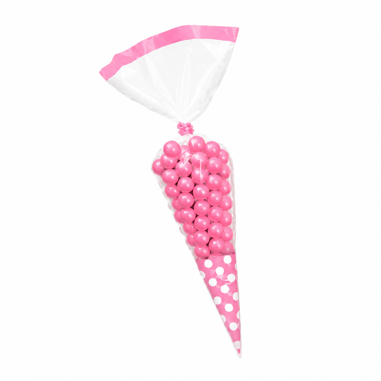 Saco de Celofane Cone Rosa com Bolinhas Brancas saco plástico transparente com bolas cor-de-rosa e decoração com pontinhos brancos em fundo rosa